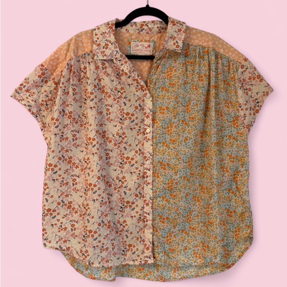 American Eagle Floral Patchwork Button Up Oversiz… - image 1
